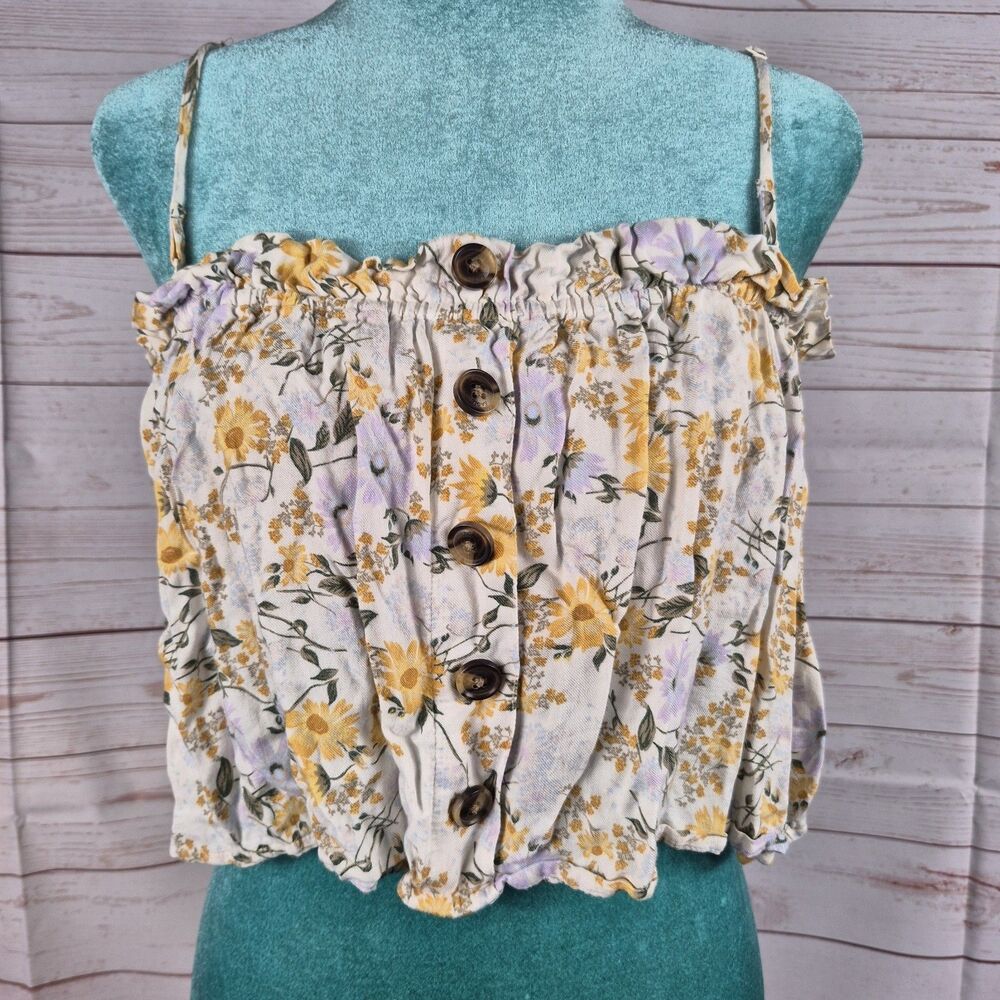 American Eagle Crop Top Womens Size M Yellow Floral Dainty Coquette Romantic